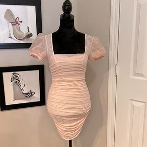 Bebe ruched mini puff sleeve dress